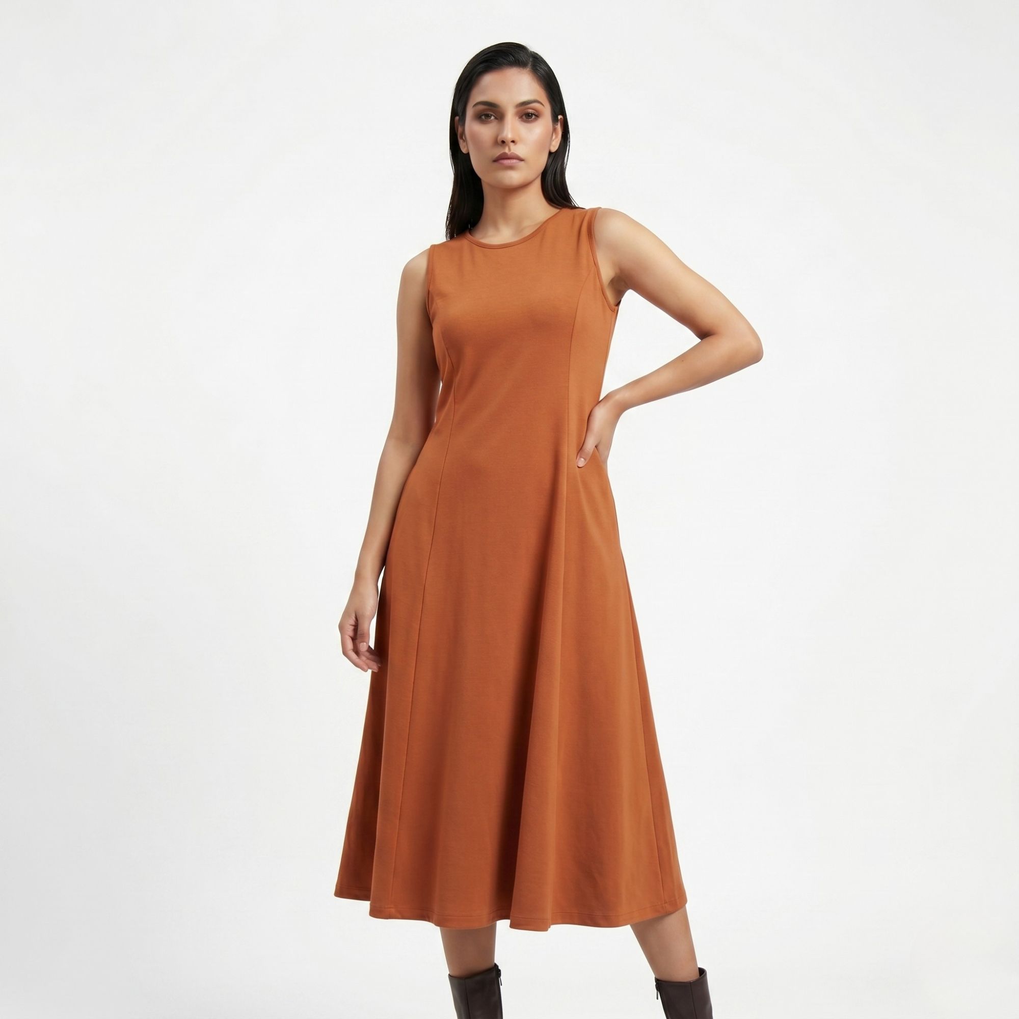 AZURE GRACE FLARED MIDI DRESS TOFFEE BROWN
